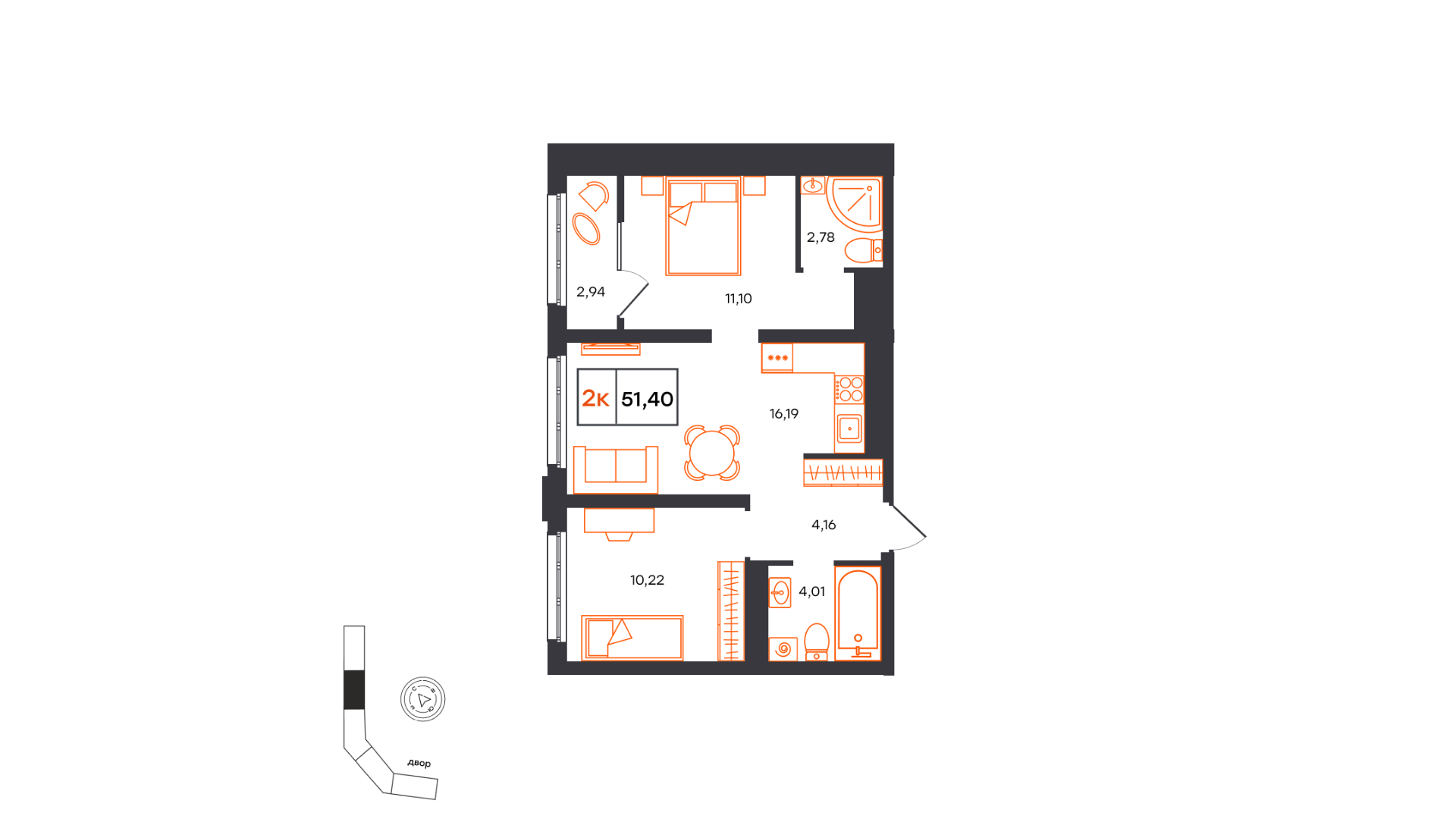 Планировка: Евротрешка 51.4 м² в ЖК Фатера, Дом Обороны