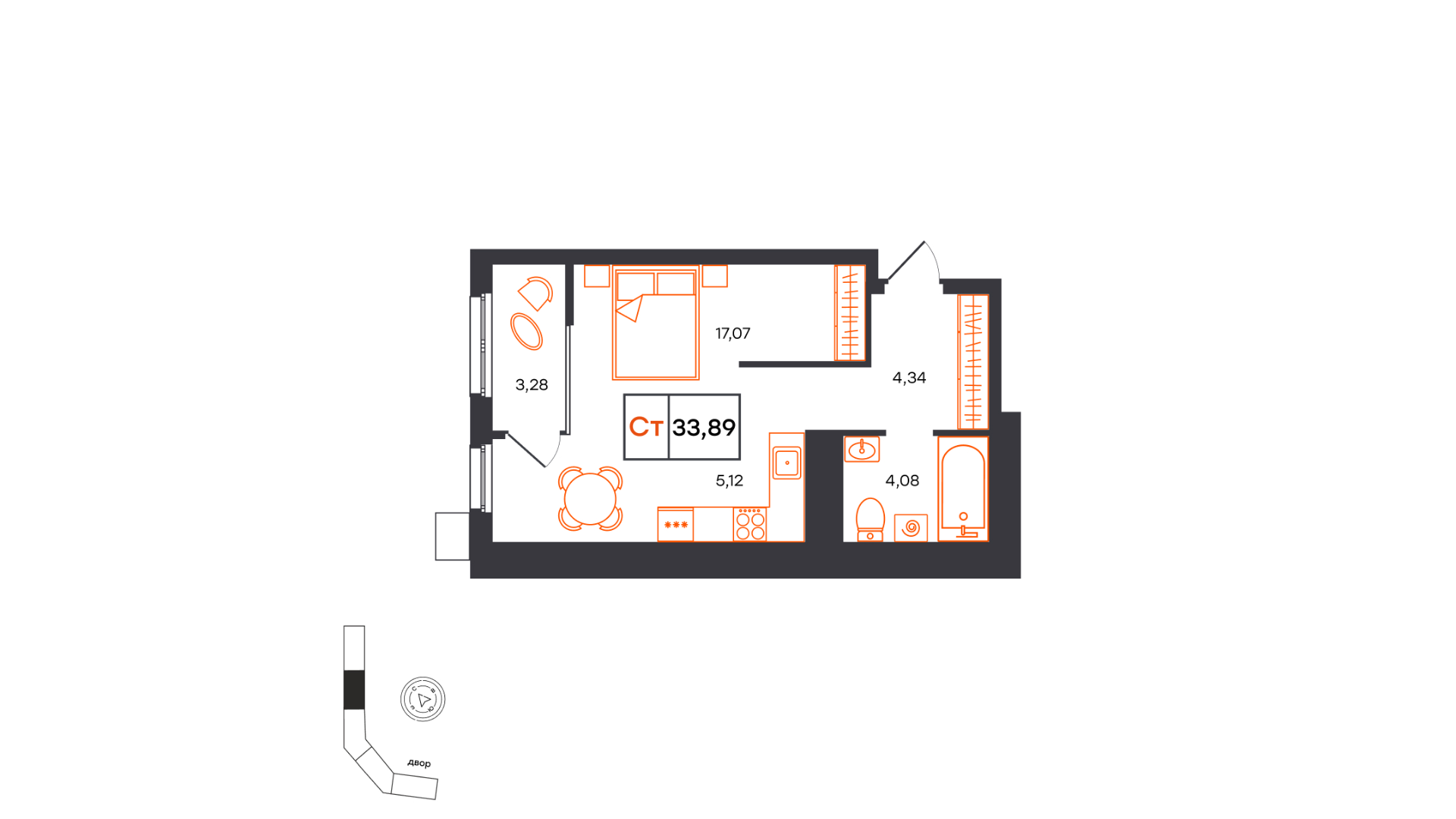 Планировка: Студия 33.9 м² в ЖК Фатера, Дом Обороны