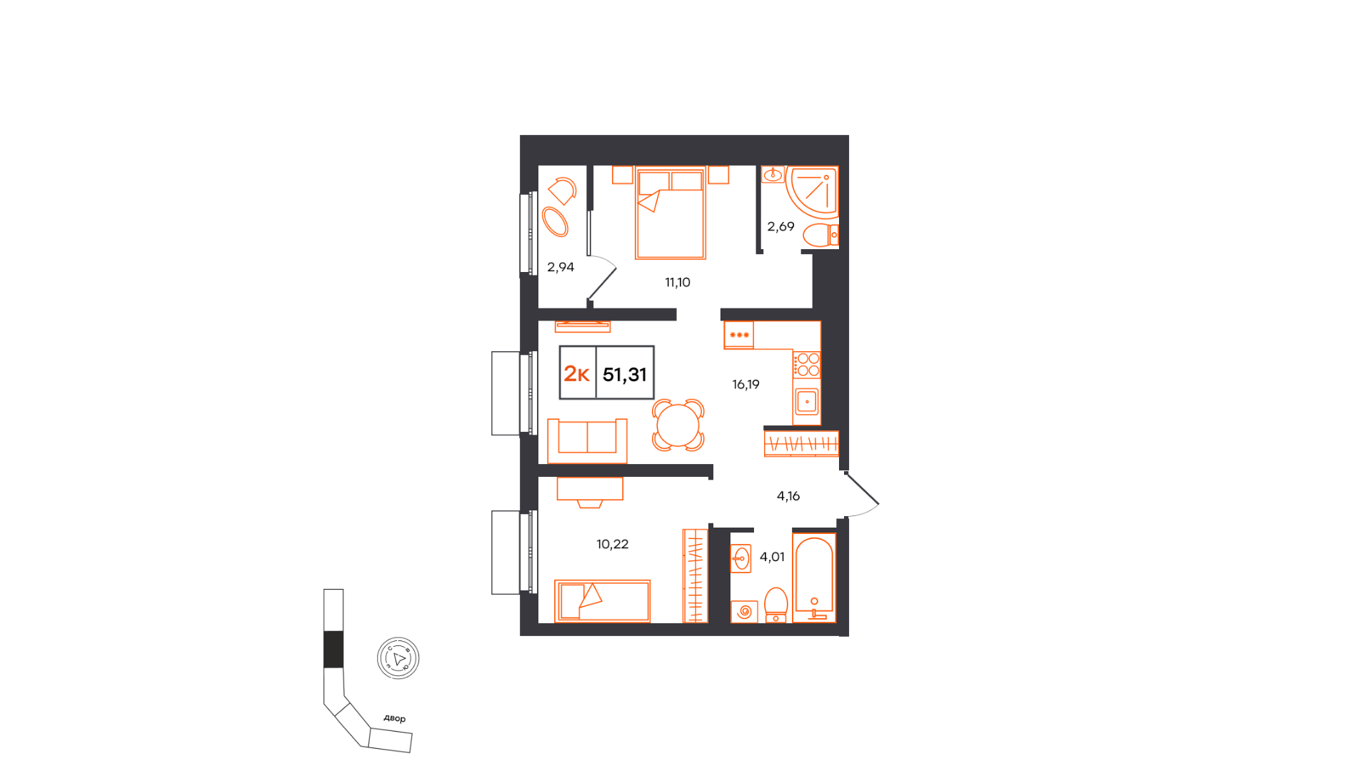Планировка: Евротрешка 51.3 м² в ЖК Фатера, Дом Обороны
