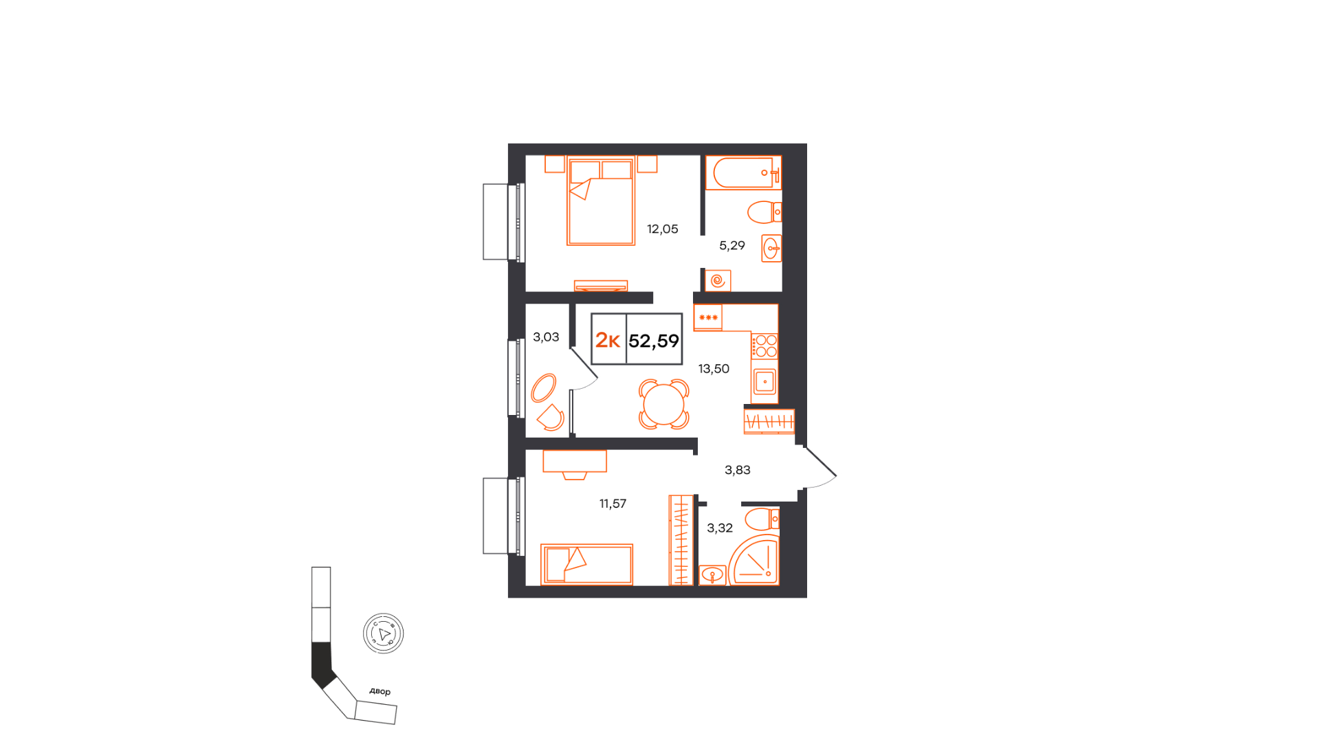 Планировка: Формат уточняется 52.6 м² в ЖК Фатера, Дом Обороны