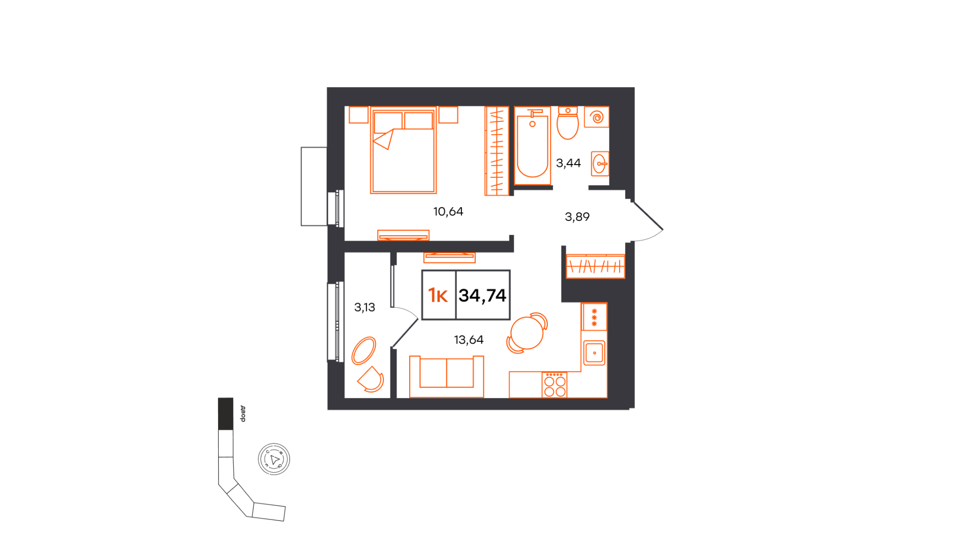 Планировка: Евродвушка 34.7 м² в ЖК Фатера, Дом Обороны