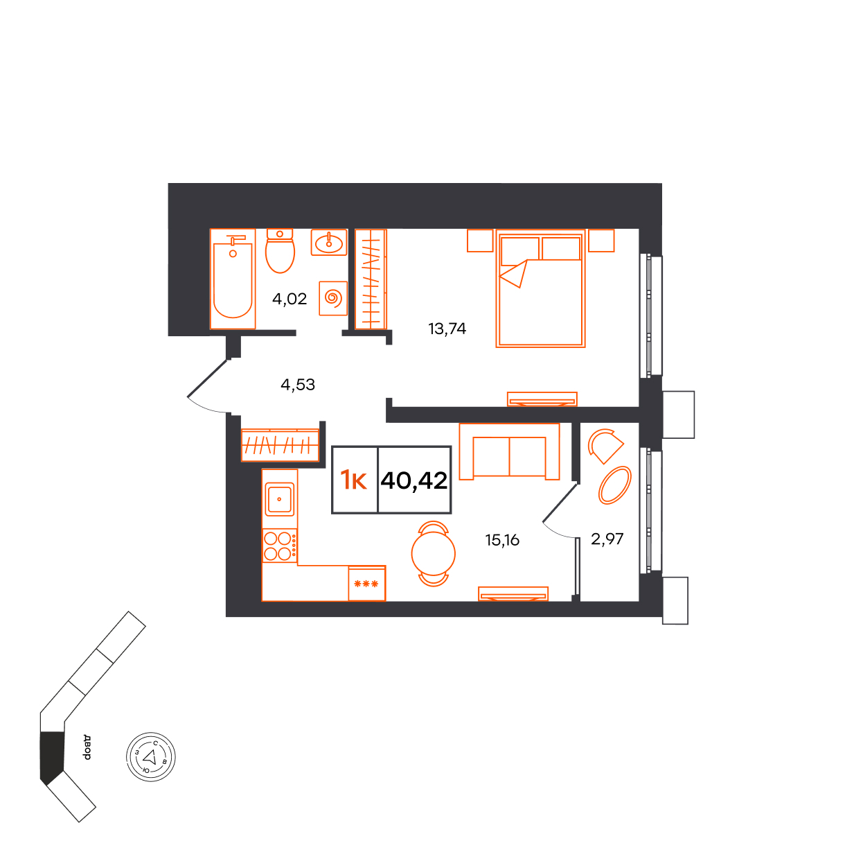 Планировка: Евродвушка 40.4 м² в ЖК Фатера, Дом Обороны
