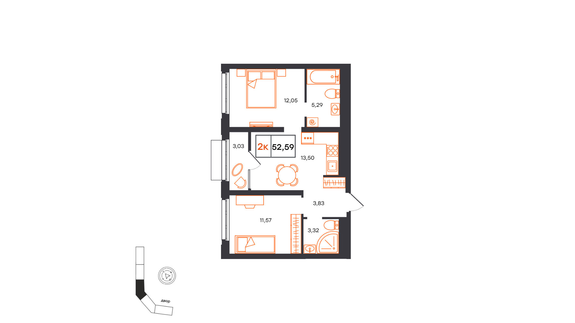 Планировка: Евротрешка 52.6 м² в ЖК Фатера, Дом Обороны
