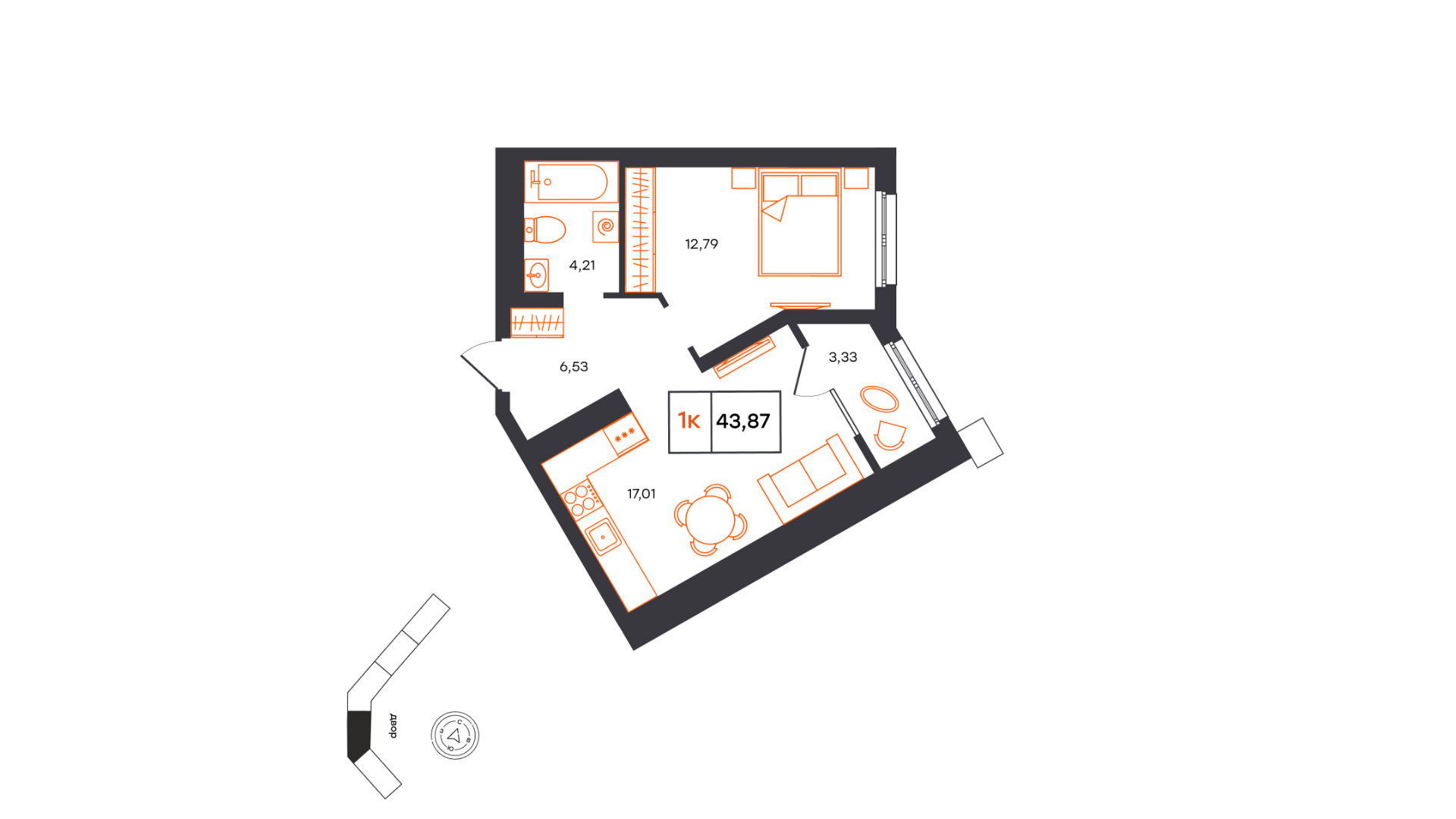 Планировка: Евродвушка 43.9 м² в ЖК Фатера, Дом Обороны
