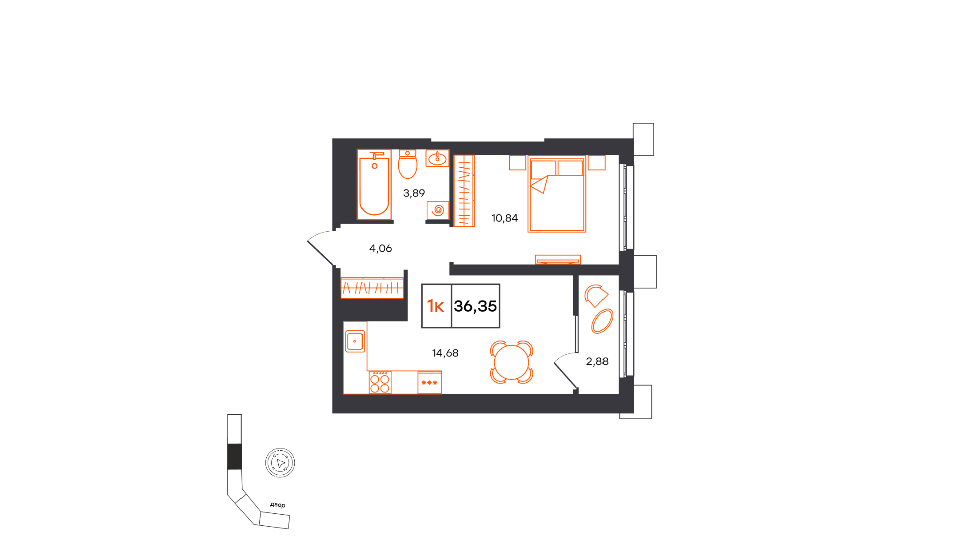 Планировка: Евродвушка 36.4 м² в ЖК Фатера, Дом Обороны