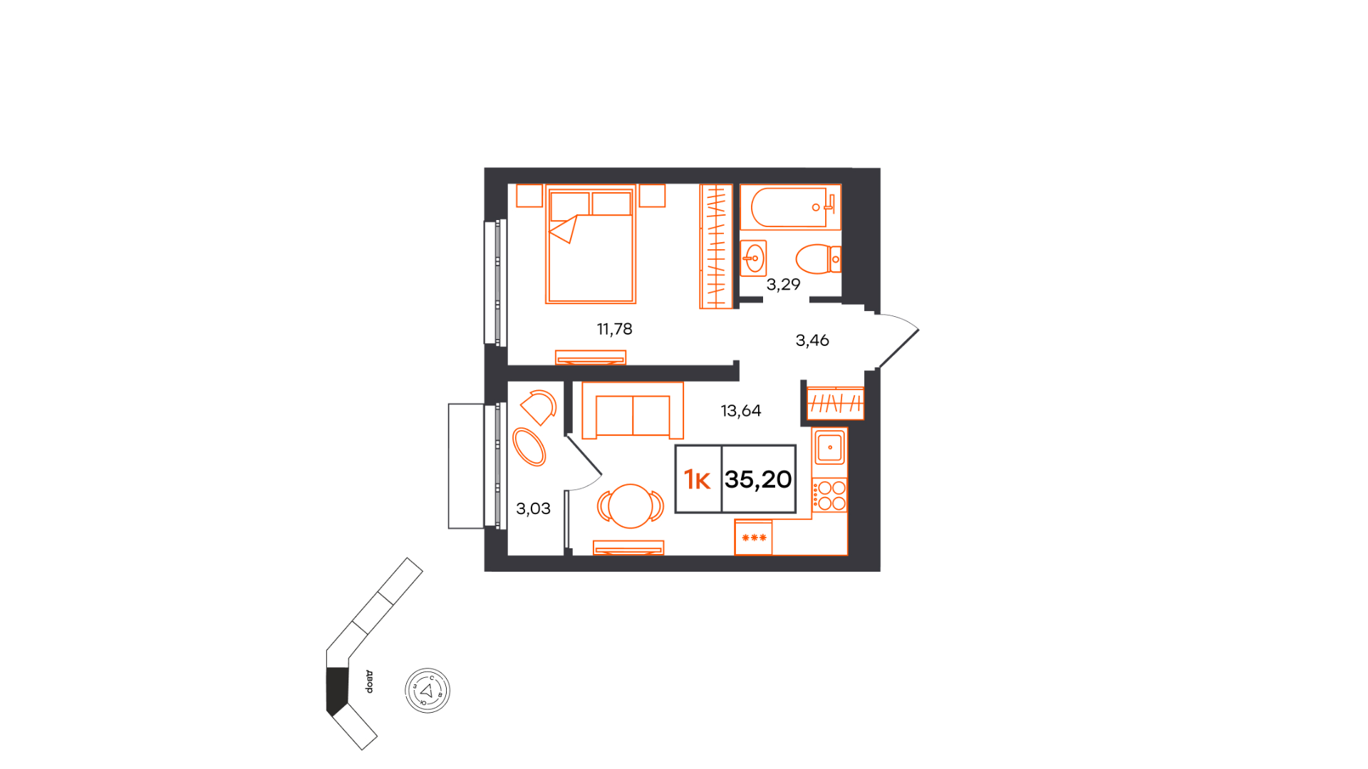 Планировка: Евродвушка 35.2 м² в ЖК Фатера, Дом Обороны