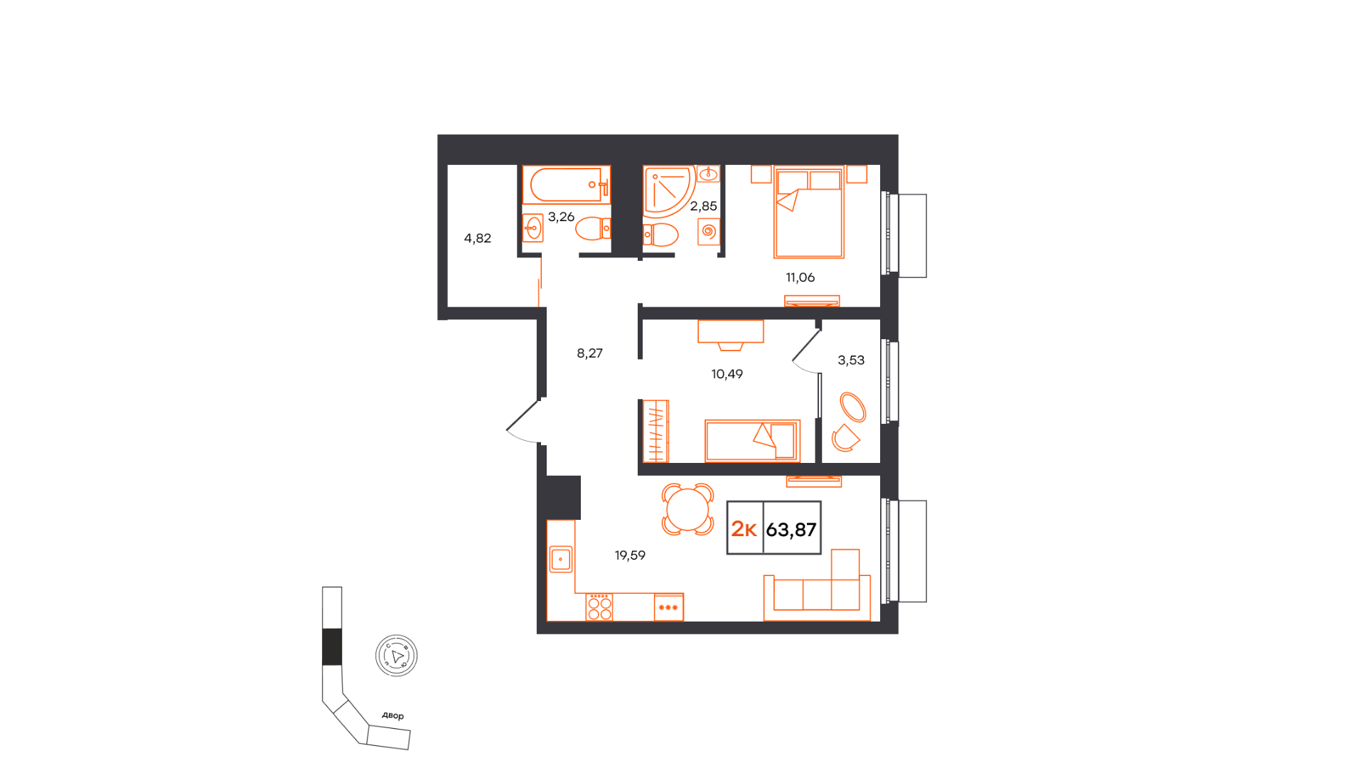 Планировка: Евротрешка 63.9 м² в ЖК Фатера, Дом Обороны