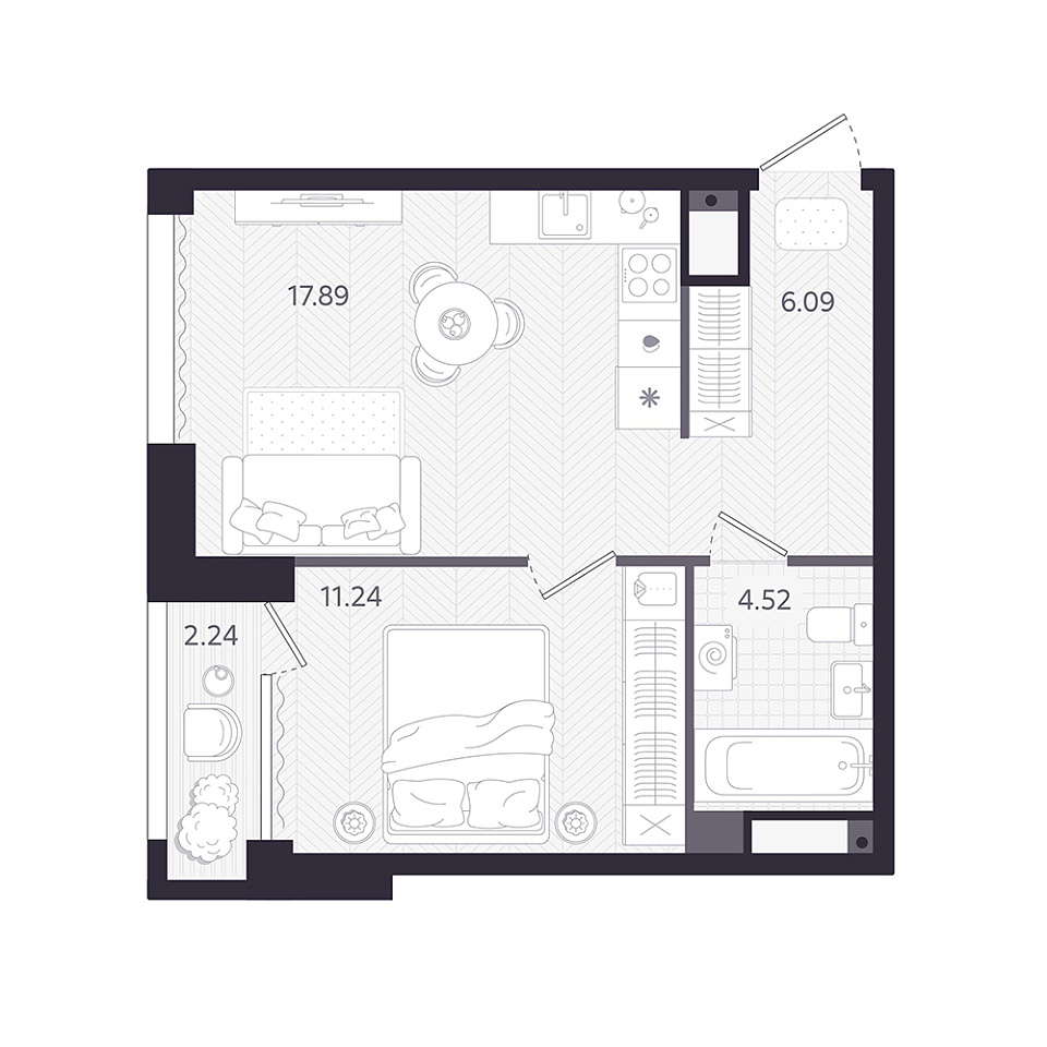 Планировка: Евродвушка 40.4 м² в ЖК Темплин, Центр