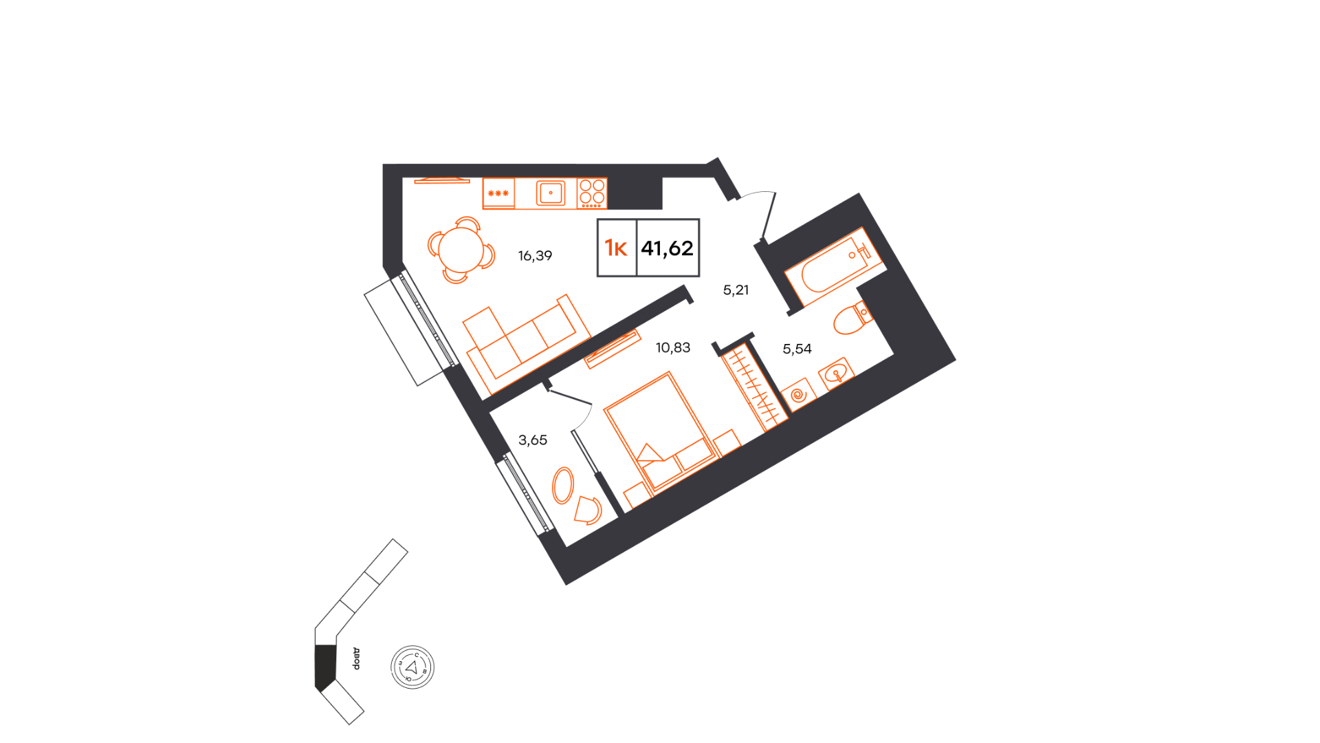 Планировка: Евродвушка 41.6 м² в ЖК Фатера, Дом Обороны