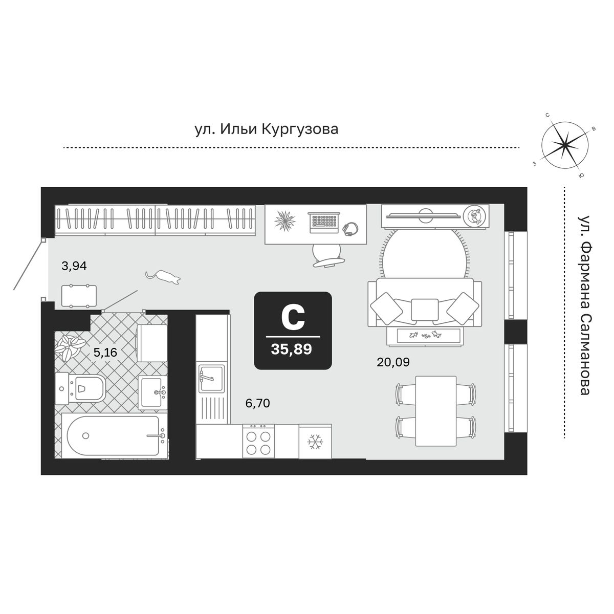Планировка: Студия 35.9 м² в ЖК Мидгард в Комарово Парк, От Слободы до Комарово парк