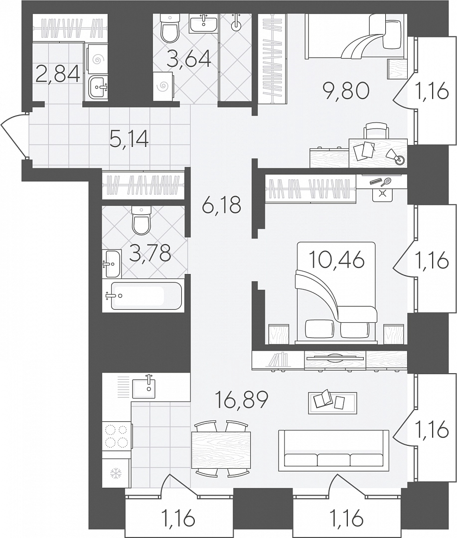 Планировка: Евротрешка 64.5 м² в ЖК Скандиа. Дом на берегу Туры, ДОК