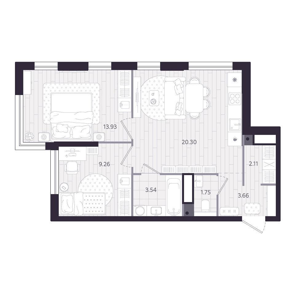 Планировка: Евротрешка 54.5 м² в ЖК Форсо, Зарека
