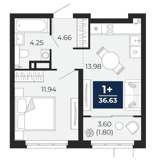 Планировка: Евродвушка 36.6 м² в ЖК Прео, Тюменская слобода