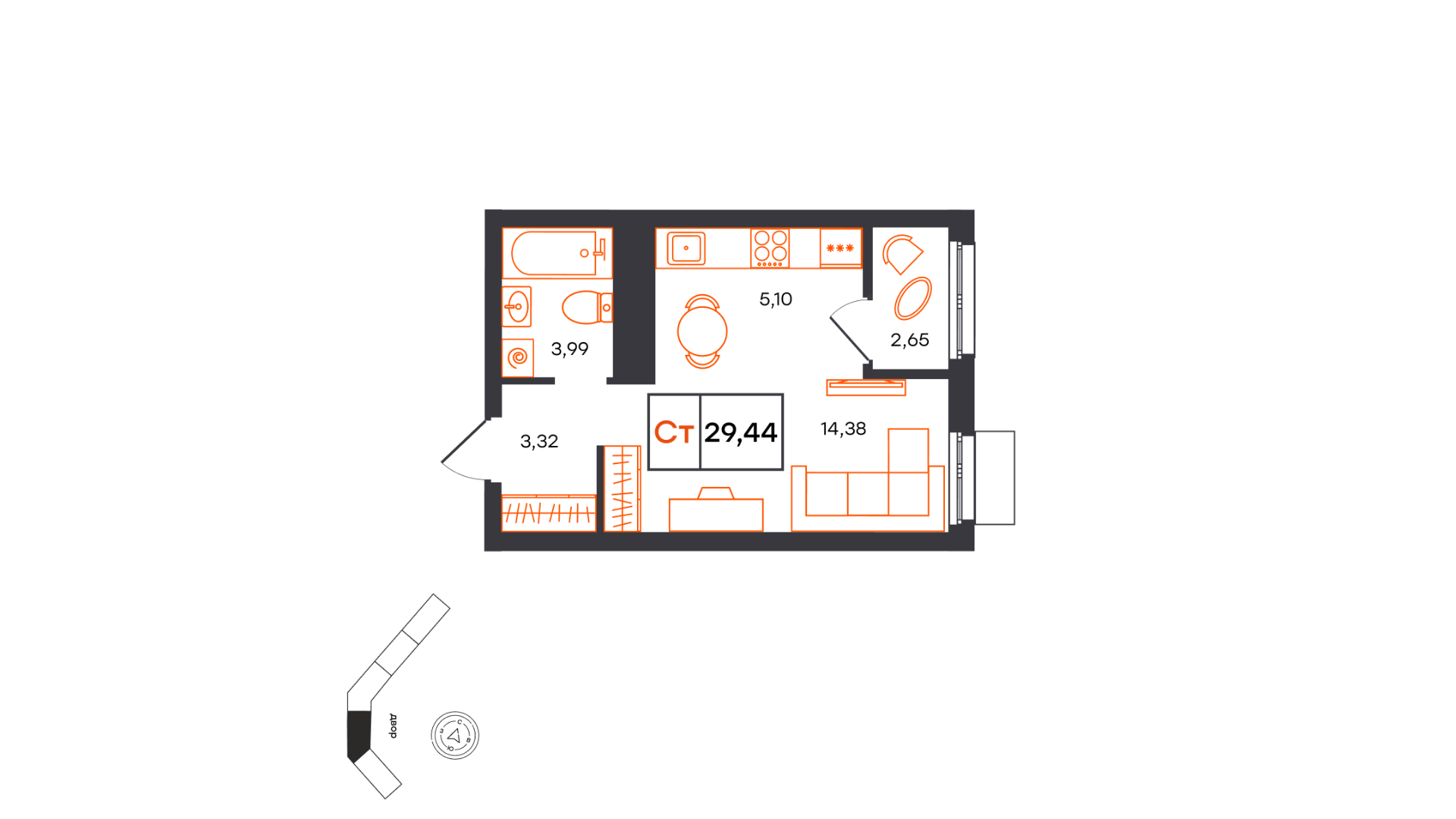 Планировка: Студия 29.4 м² в ЖК Фатера, Дом Обороны
