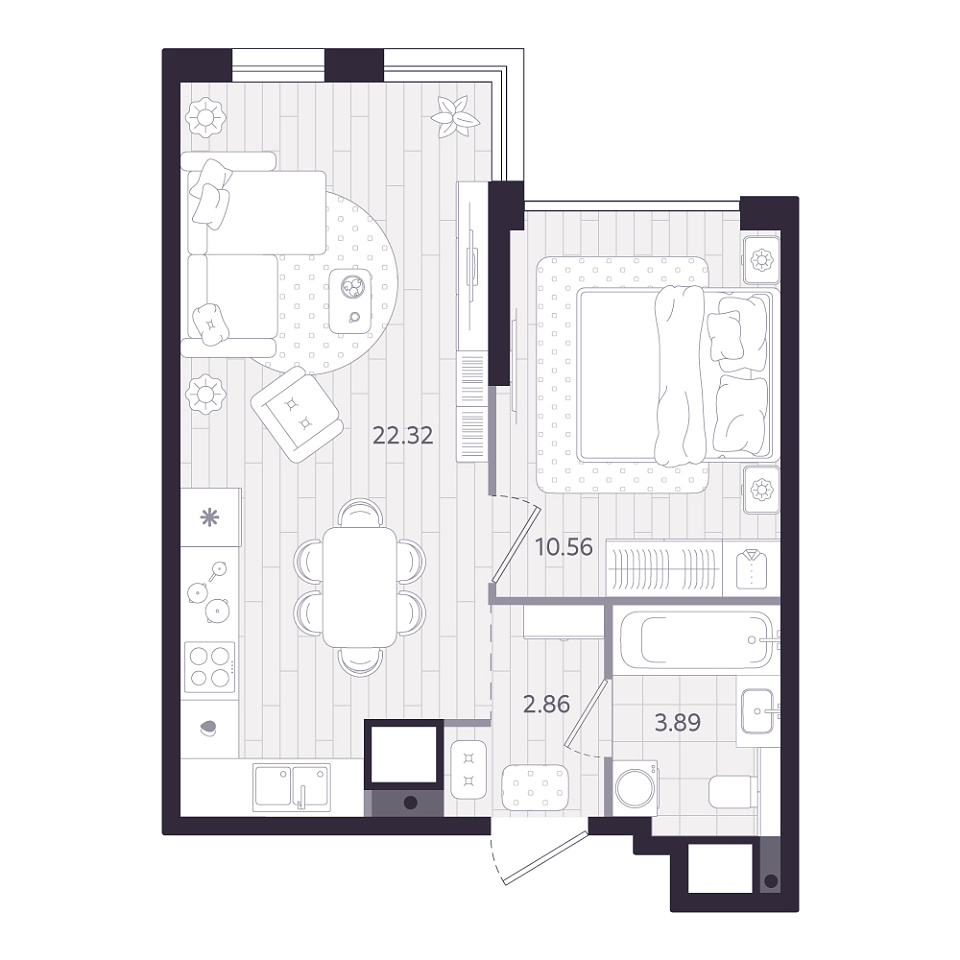 Планировка: Евродвушка 39.6 м² в ЖК Форсо, Зарека