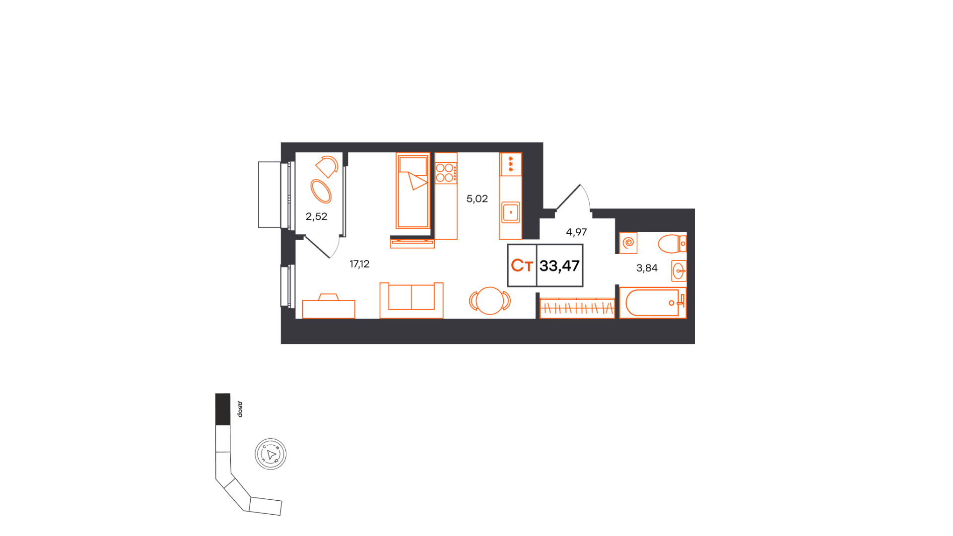 Планировка: Студия 33.5 м² в ЖК Фатера, Дом Обороны