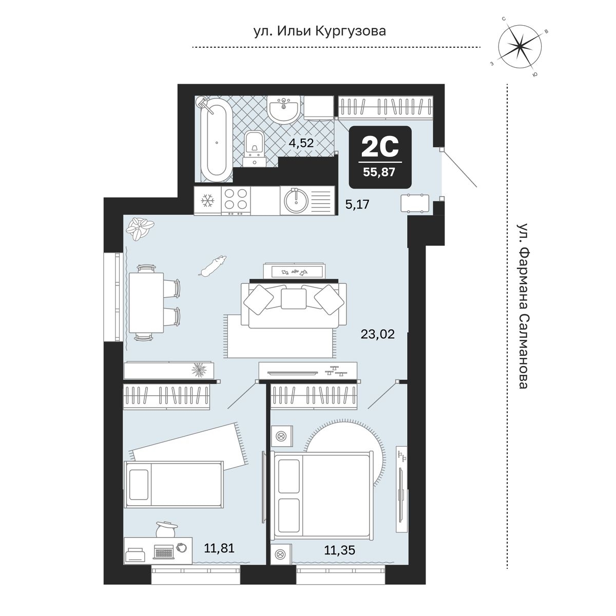 Планировка: Евротрешка 55.9 м² в ЖК Мидгард в Комарово Парк, От Слободы до Комарово парк