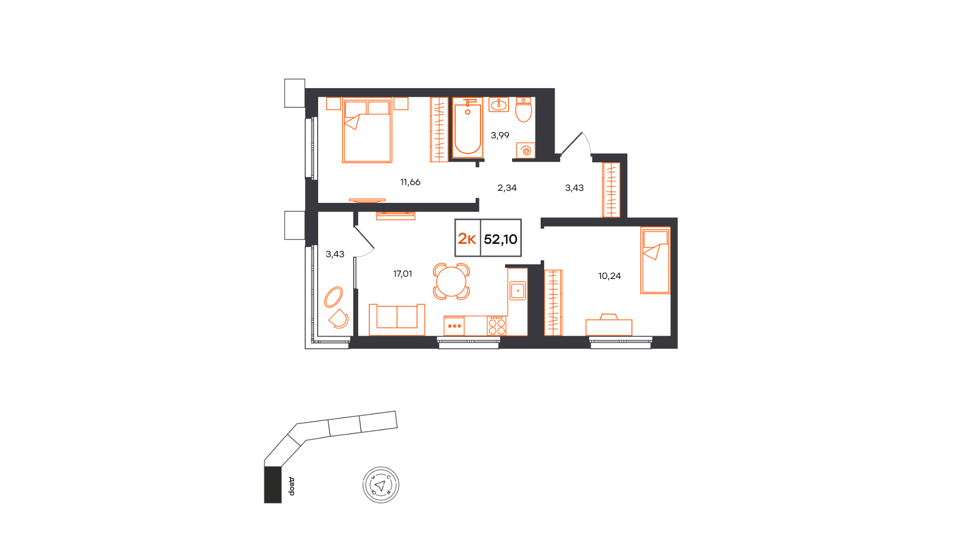 Планировка: Евротрешка 52.1 м² в ЖК Фатера, Дом Обороны