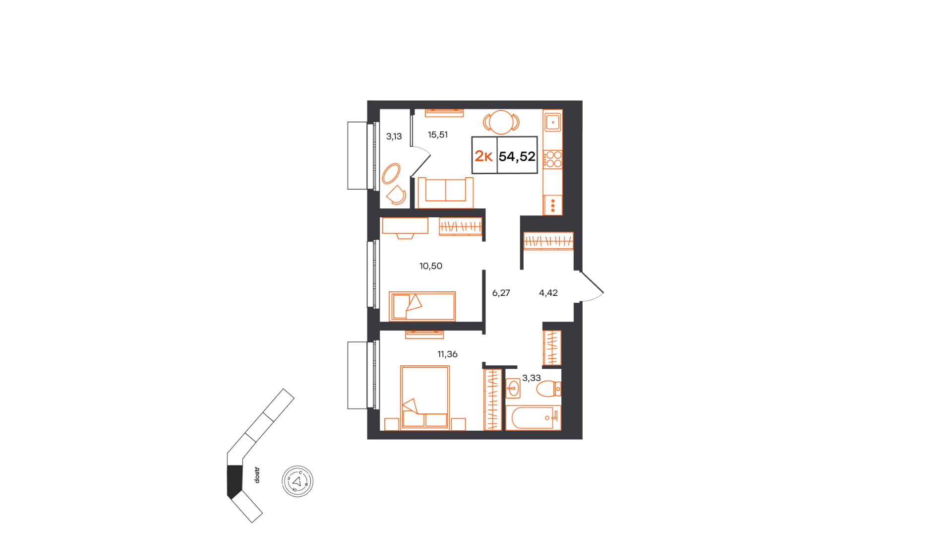 Планировка: Евротрешка 54.5 м² в ЖК Фатера, Дом Обороны