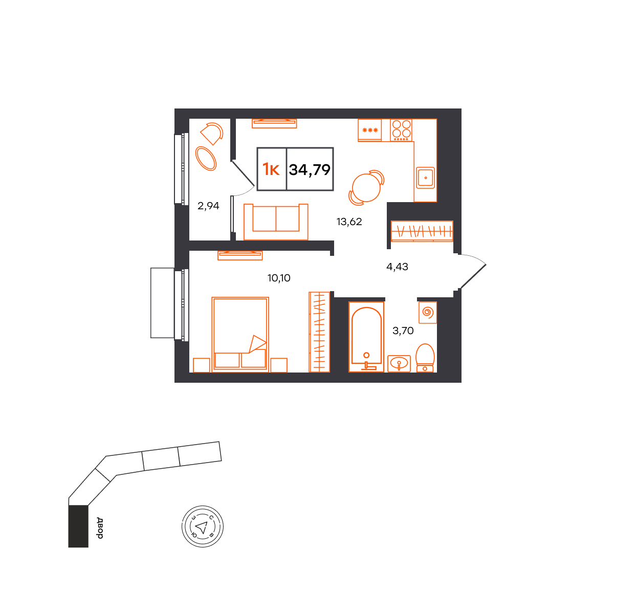 Планировка: Евродвушка 34.8 м² в ЖК Фатера, Дом Обороны