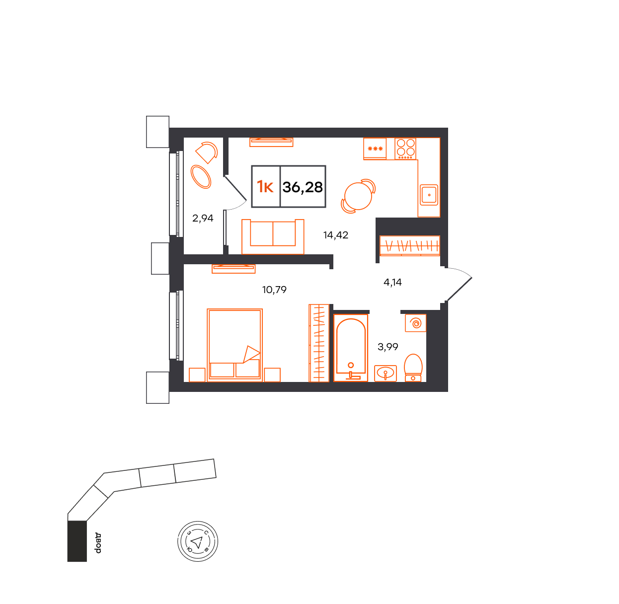 Планировка: Евродвушка 36.3 м² в ЖК Фатера, Дом Обороны