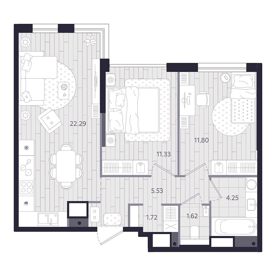 Планировка: Евротрешка 58.5 м² в ЖК Форсо, Зарека