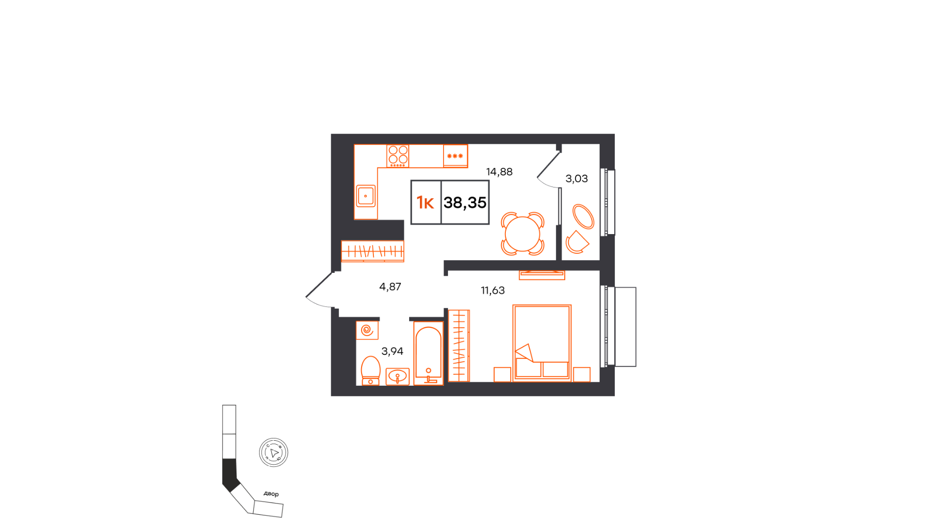 Планировка: Евродвушка 38.4 м² в ЖК Фатера, Дом Обороны
