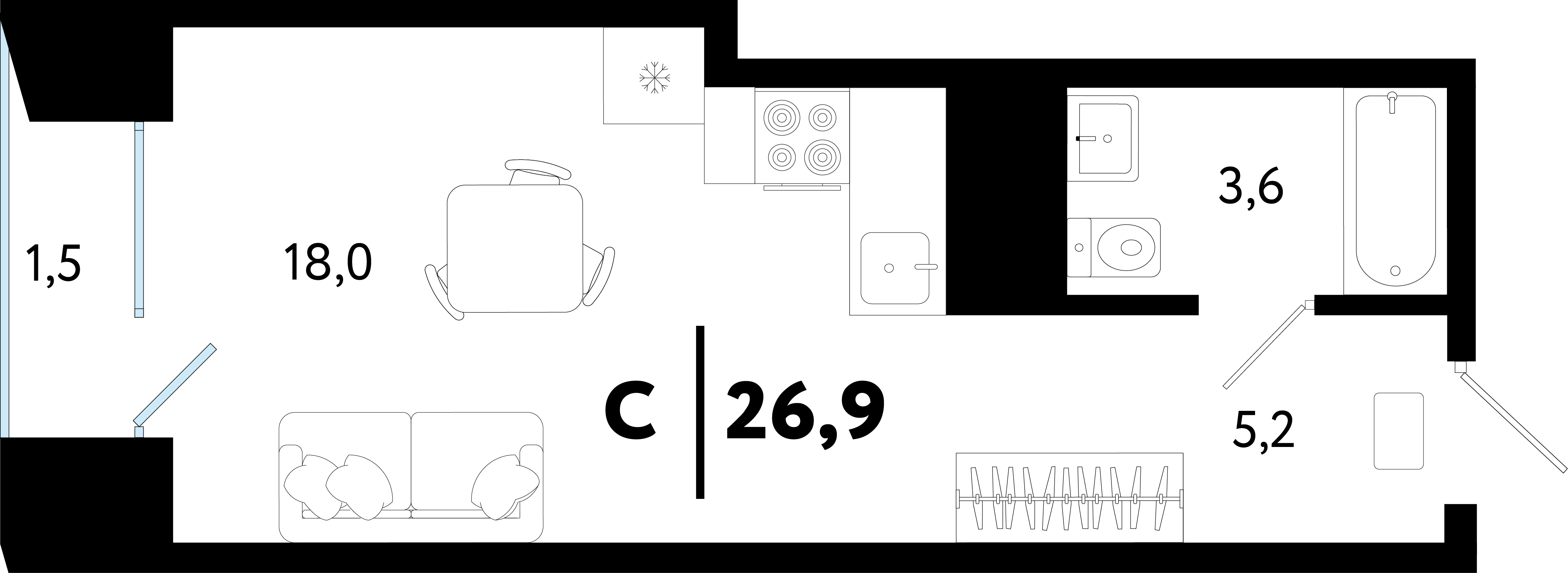 Планировка: Студия 26.9 м² в ЖК Кедровый берег, Лесобаза