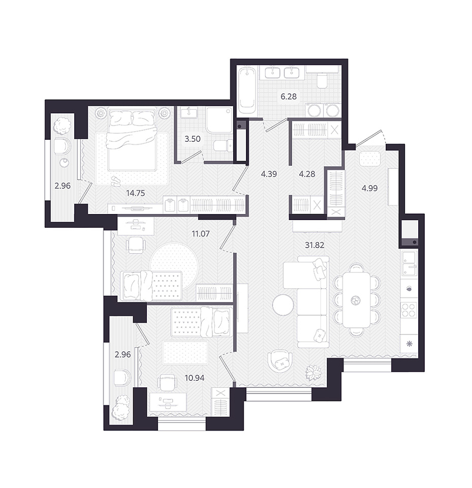Планировка: 4-комнатная евро 93.8 м² в ЖК Темплин, Центр