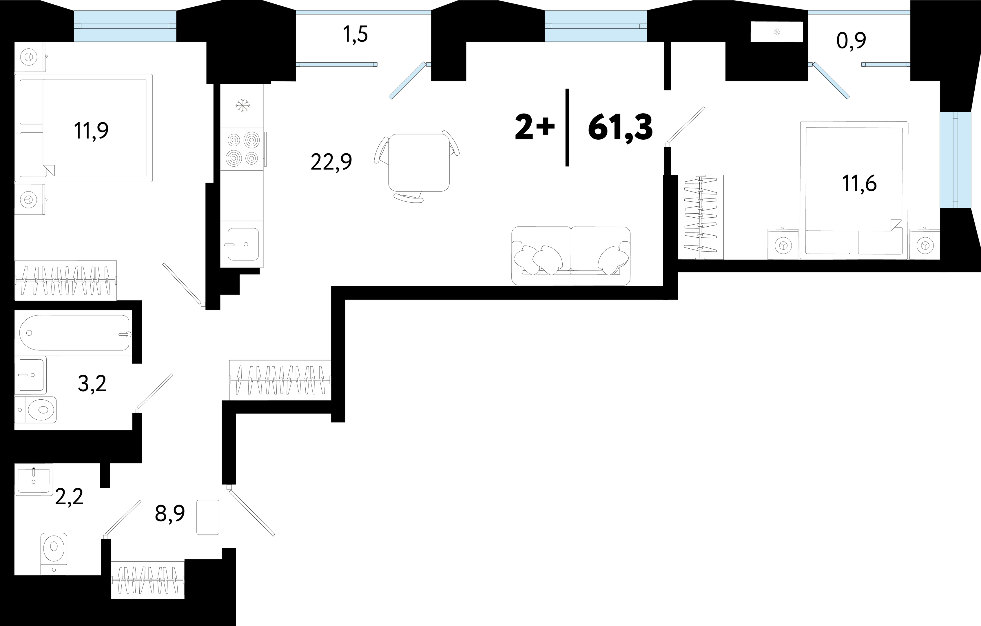 Планировка: Евротрешка 61.4 м² в ЖК Кедровый берег, Лесобаза