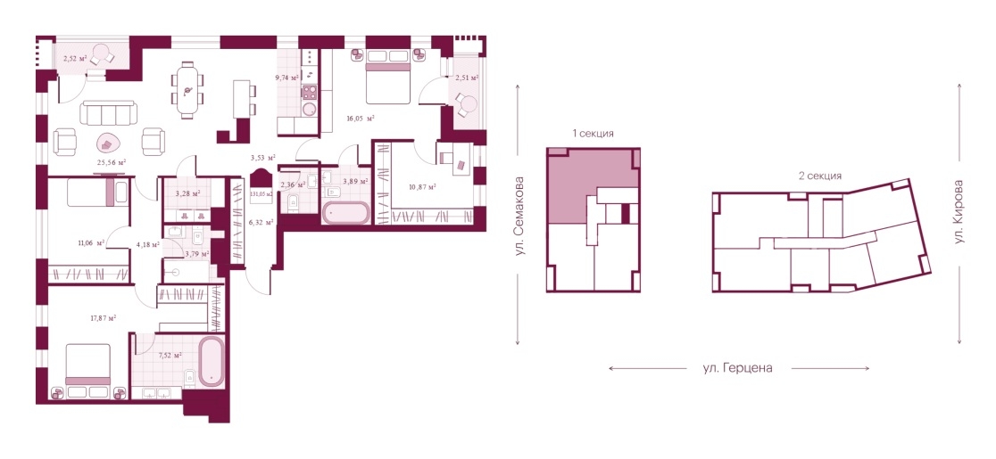 Планировка: 4-комнатная евро 131.1 м² в ЖК Secret place, Центр: Исторический