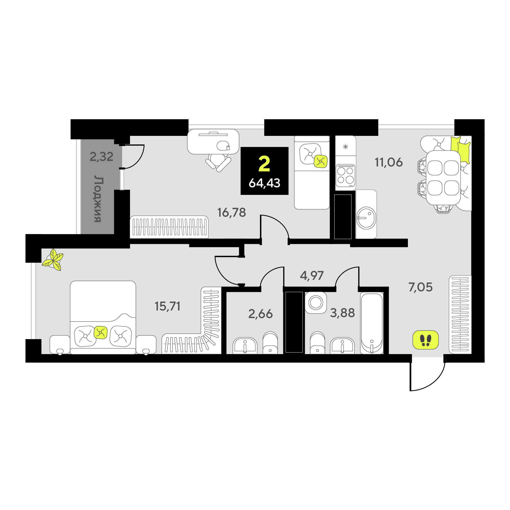 Планировка: Евротрешка 64.4 м² в ЖК Окинава, 5-й Заречный