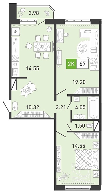 Планировка: Евротрешка 67.5 м² в ЖК Ново Комарово, Ново-Комарово