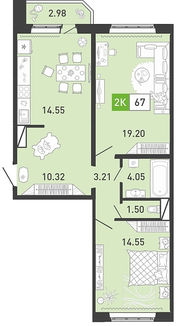 Планировка: Евротрешка 67.5 м² в ЖК Ново Комарово, Ново-Комарово
