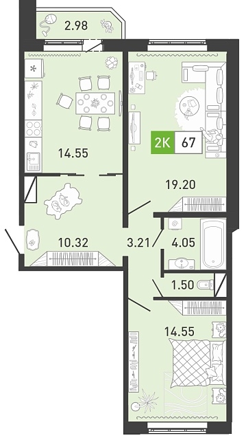 Планировка: Евротрешка 67.5 м² в ЖК Ново Комарово, Ново-Комарово