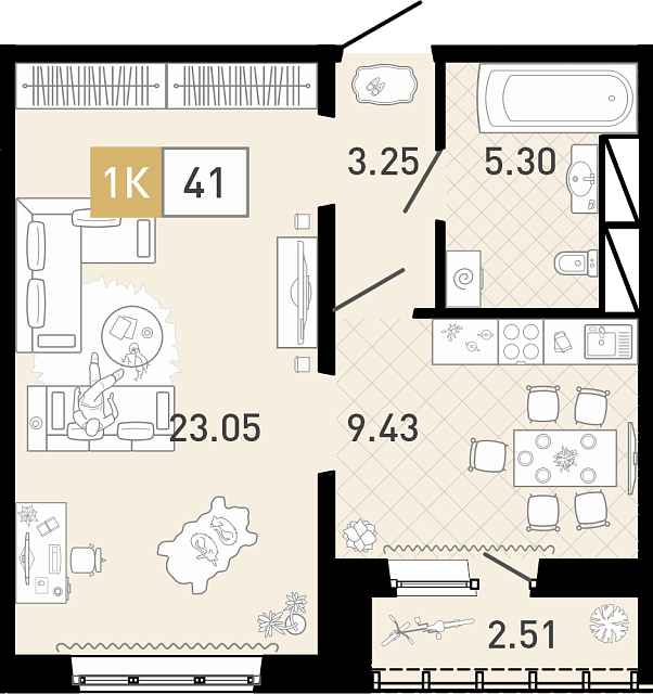 Планировка: 1-комнатная 41.1 м² в ЖК Ново Комарово, Ново-Комарово