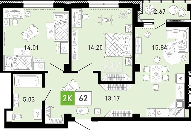 Планировка: Евротрешка 61.6 м² в ЖК Пятый квартал, Ново-Патрушево
