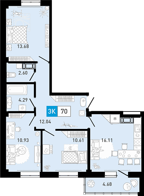 Планировка: 4-комнатная евро 70.2 м² в ЖК Ново Комарово, Ново-Комарово
