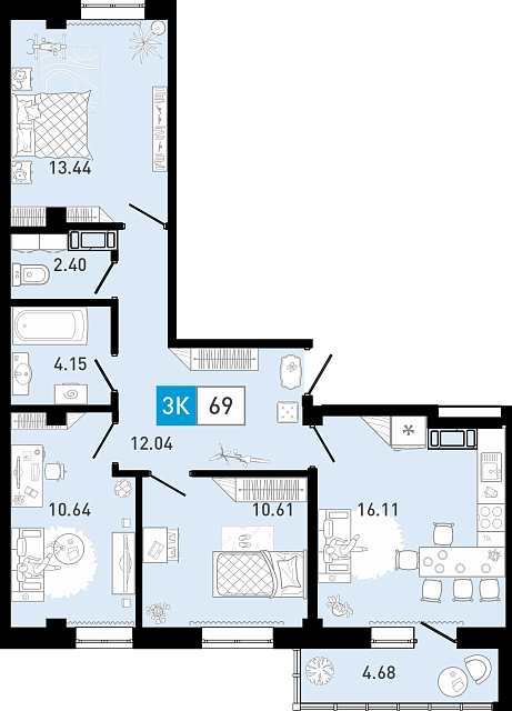 Планировка: 4-комнатная евро 69.2 м² в ЖК Ново Комарово, Ново-Комарово