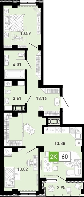 Планировка: Евротрешка 60.6 м² в ЖК Пятый квартал, Ново-Патрушево