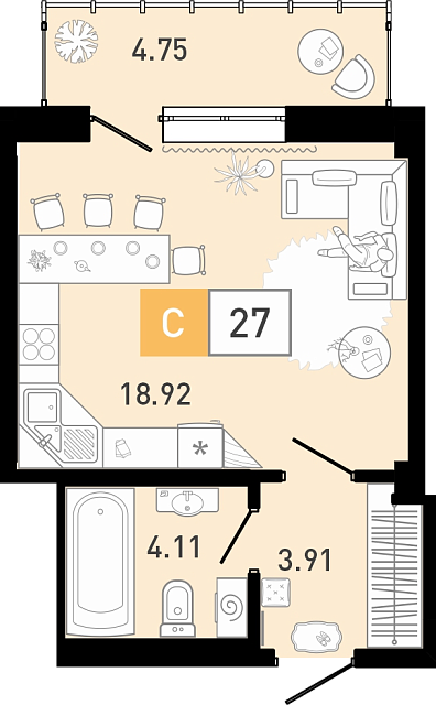 Планировка: Студия 27.1 м² в ЖК Ново Комарово, Ново-Комарово