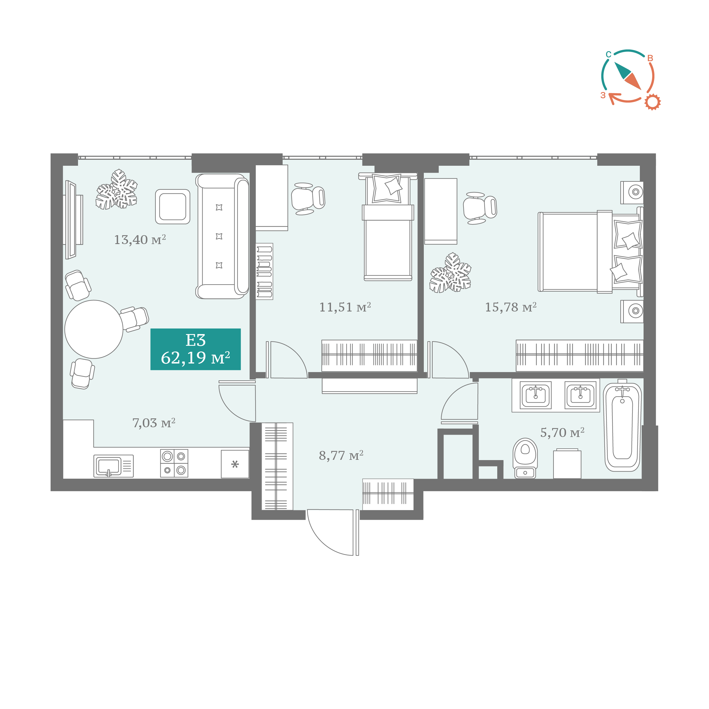 Планировка: Евротрешка 62.2 м² в ЖК ДомОтель, Мыс