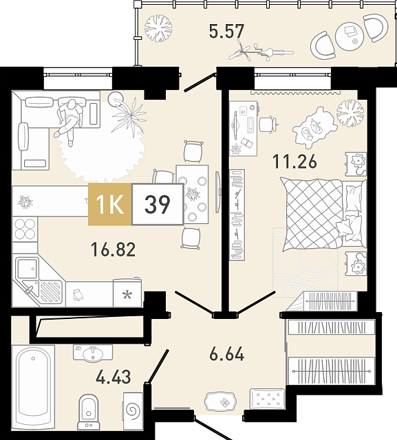 Планировка: Евродвушка 39.4 м² в ЖК Ново Комарово, Ново-Комарово