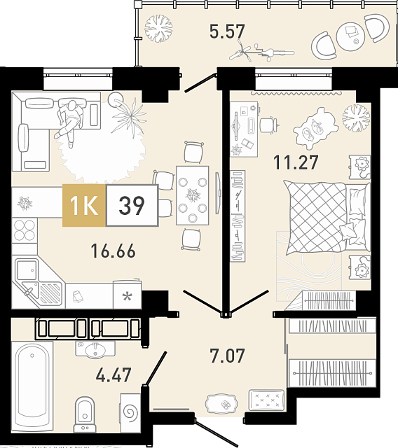 Планировка: Евродвушка 39.8 м² в ЖК Ново Комарово, Ново-Комарово