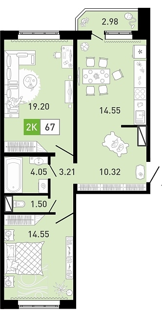 Планировка: Евротрешка 67.5 м² в ЖК Ново Комарово, Ново-Комарово