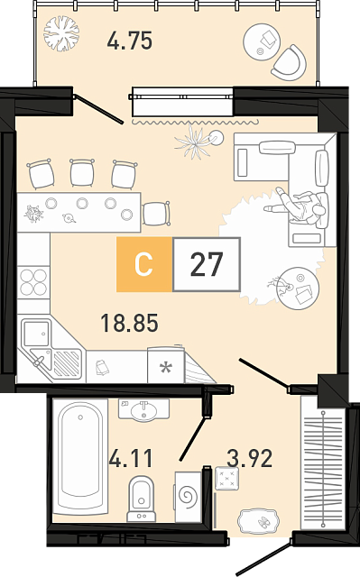 Планировка: Студия 27.2 м² в ЖК Ново Комарово, Ново-Комарово