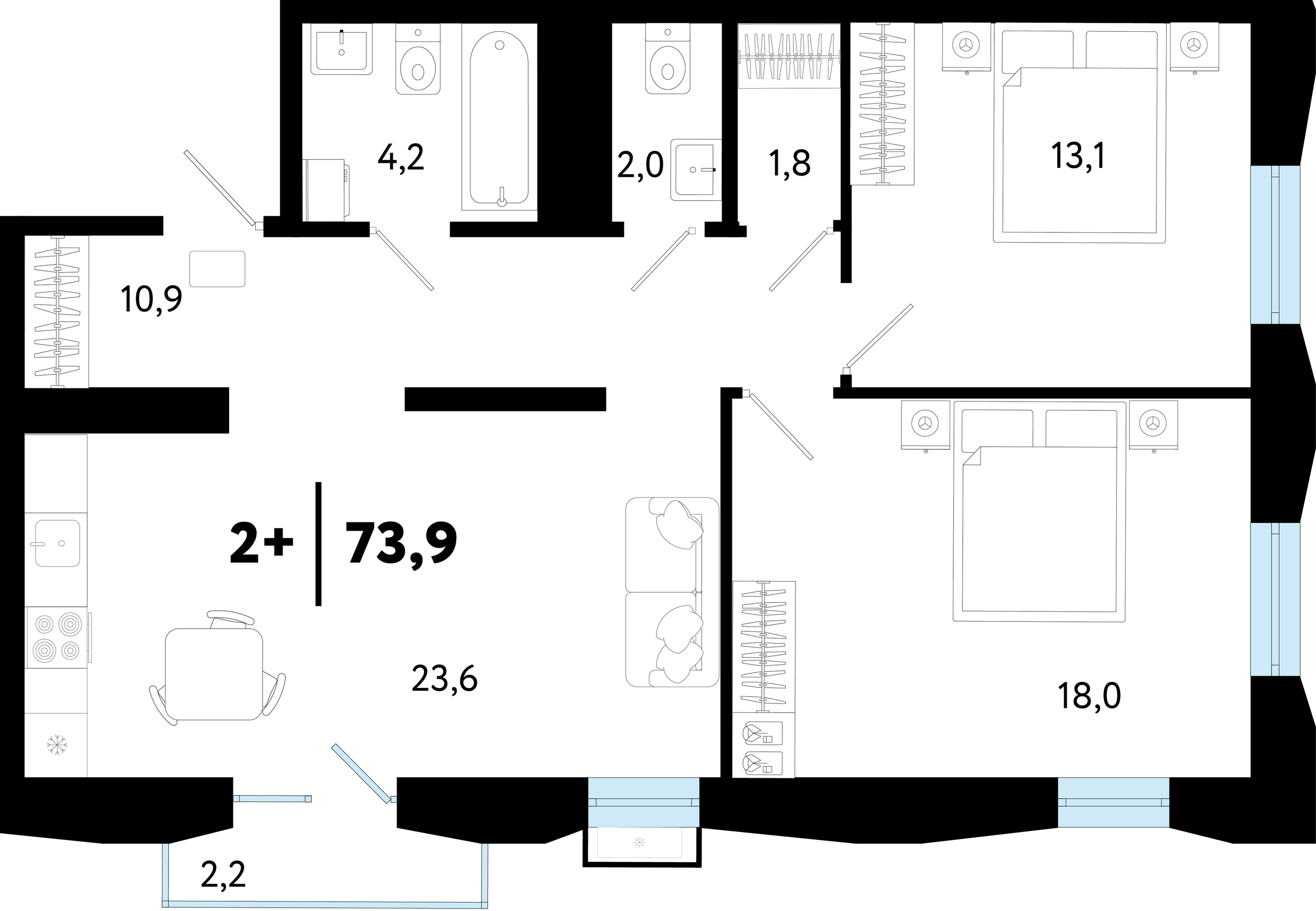Планировка: Евротрешка 74 м² в ЖК Кедровый берег, Лесобаза