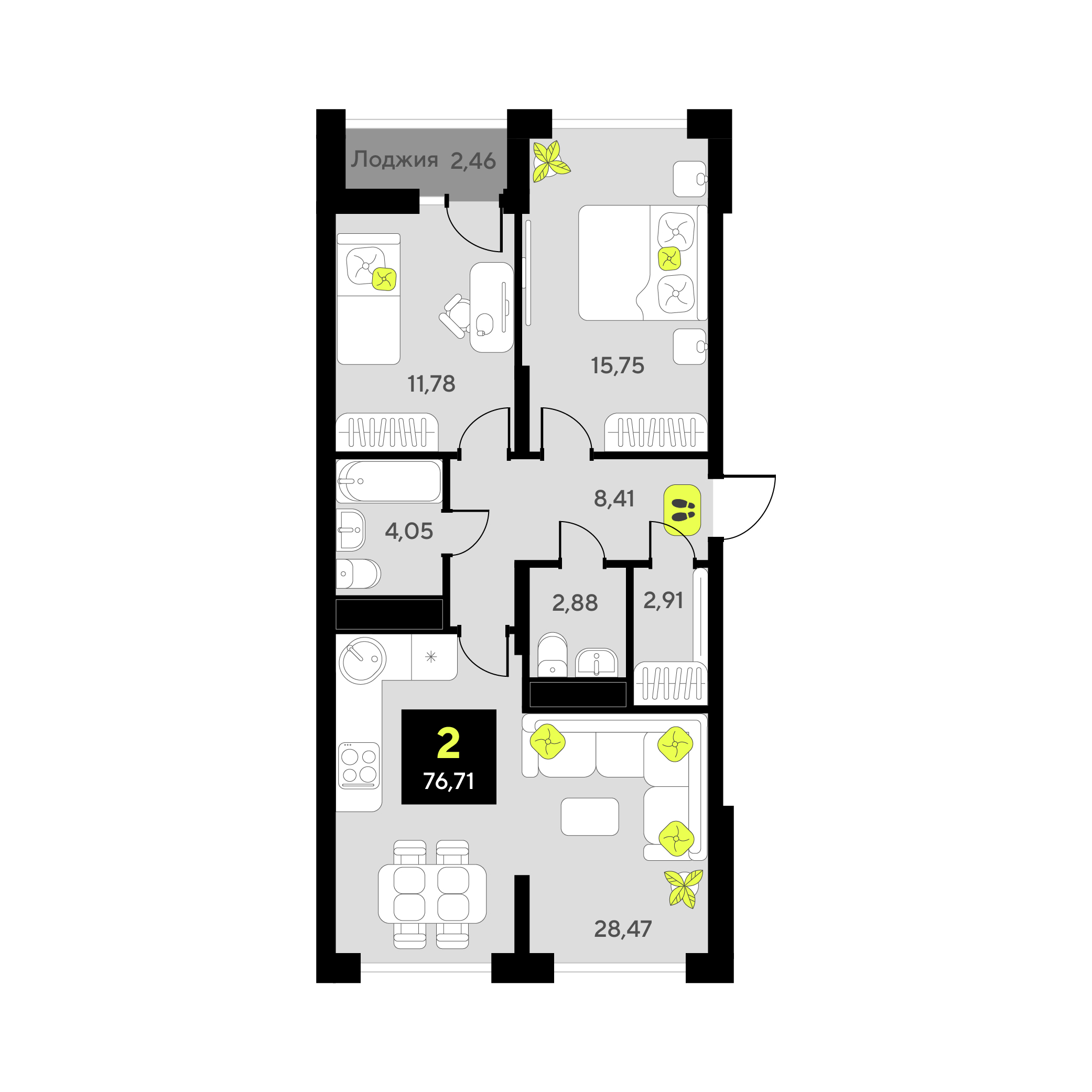 Планировка: Евротрешка 76.7 м² в ЖК Окинава, 5-й Заречный