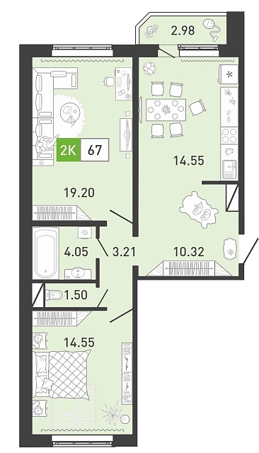 Планировка: Евротрешка 67.3 м² в ЖК Ново Комарово, Ново-Комарово