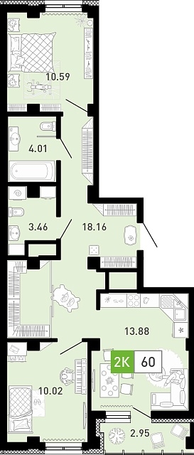 Планировка: Евротрешка 60.2 м² в ЖК Пятый квартал, Ново-Патрушево